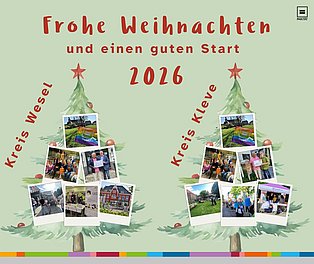 Weihnachtskarte der Geschäfsstelle. Tannenbäume und darauf Fotos von Veranstaltungen, die 2025 stattgefunden habenn