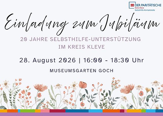 Einladungskarte Vorderseite mit Blumen und Daten (auch im Text)