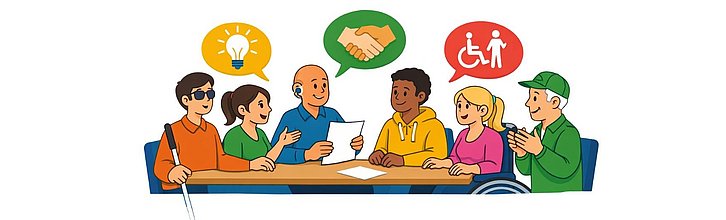 Comic: Menschen sitzen an einem Tisch und unterhalten sich (dargestellt durch Sprechblasen mit verschiedenen Symbolen)