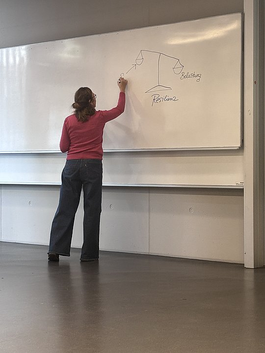 Dr. Sonja Baumsteiger schreibt etwas an die Tafel